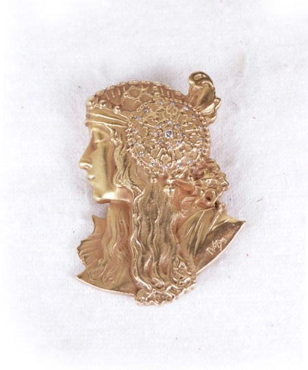 14K Gold and Diamond Art Nouveau French Woman